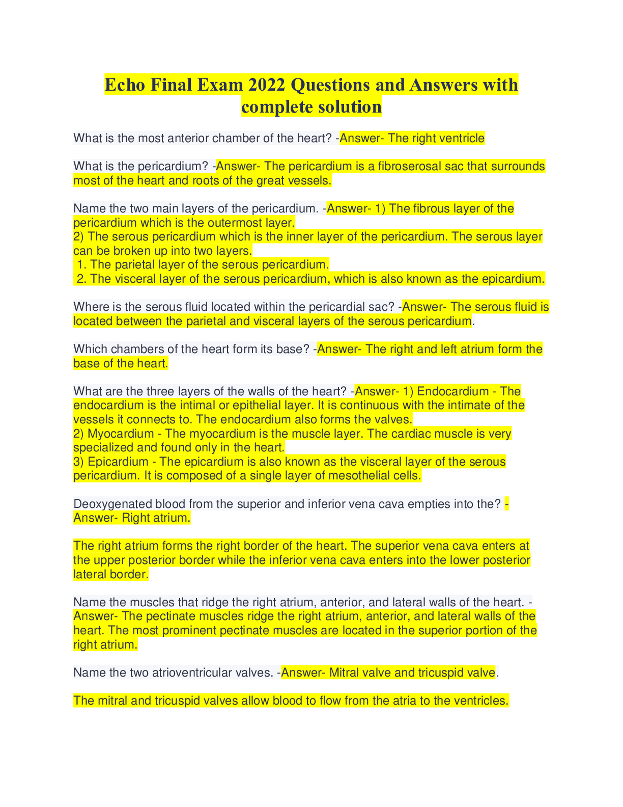 Preview image of Echo Final Exam 2022 Questions and Answers with complete solution document